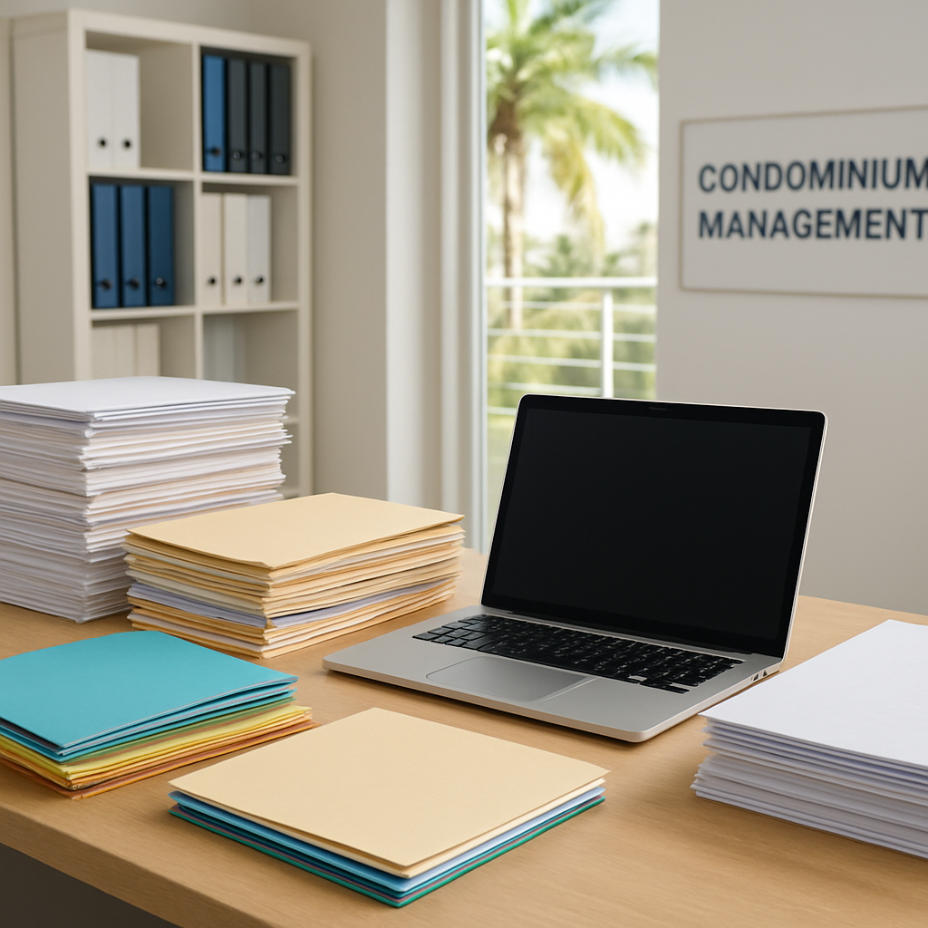 Organized community association documents and paperwork on a desk