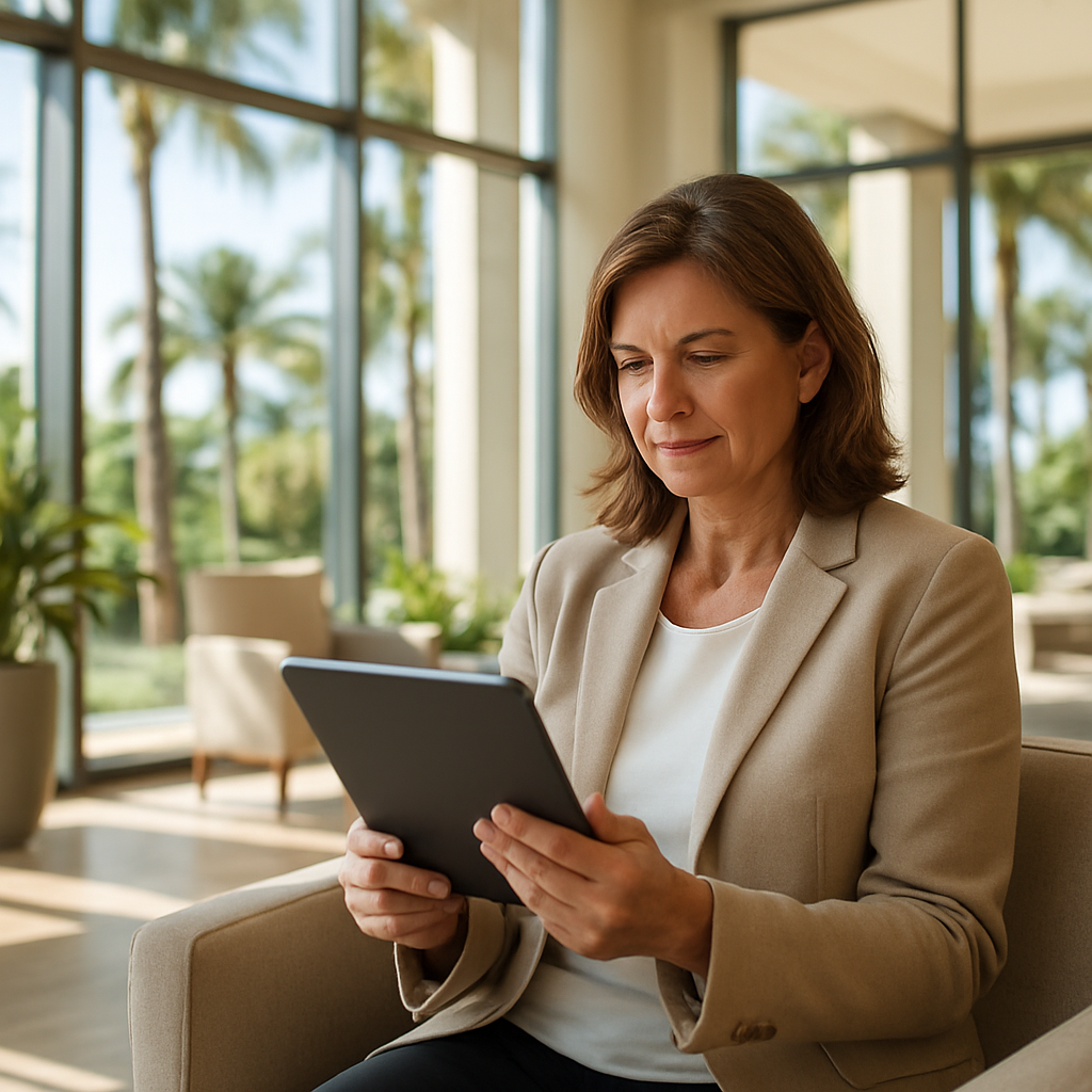 Board member reviewing community messages and reports on a tablet