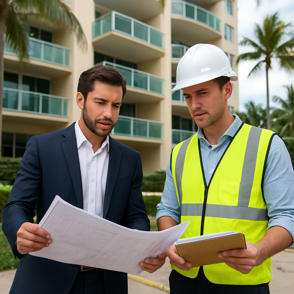 Property manager and contractor reviewing project plans at a condominium