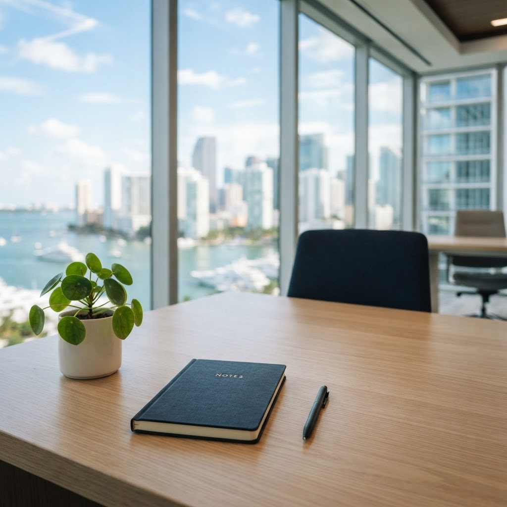 Bright Brickell waterfront office desk in South Florida